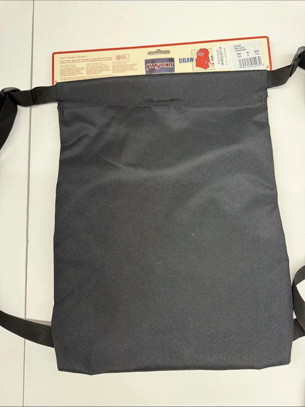 NEW Jansport Black Drawstring Bag with Front Zip Pocket Draw Sack